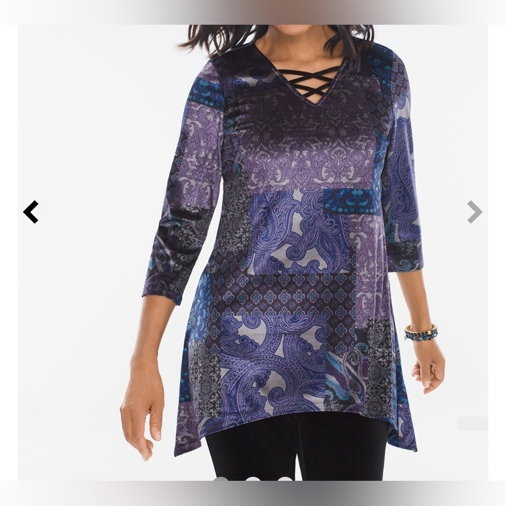 NWOT Chico's Midnight Patchwork Velvet Lace Up Tunic V-Neck 3/4 Sleeve Size 1 M
